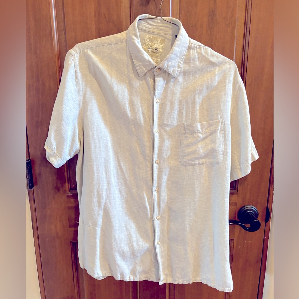 Tasso Elba Island Mens Silk Linen Button Up Shirt Size XL Beige Short Sleeve